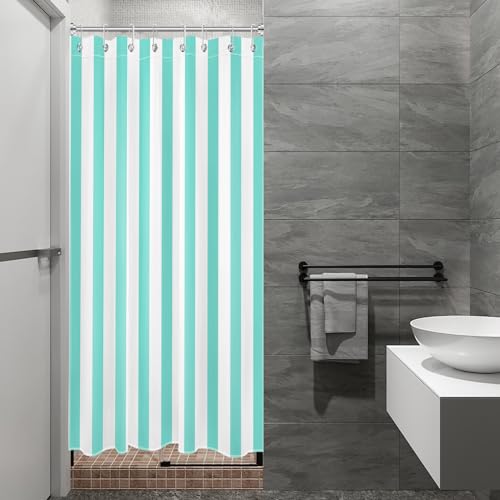 Modern Farmhouse Narrow Shower Curtain Set, 48 x 68 inch, Teal and White Striped Half Size Liner, Fabric Set with Hooks - color: Teal, size: 48"W x 68"L (Pack of 1)