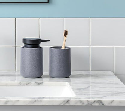 Clasin Home 3 Pcs Bathroom Accessories Set, Liquid Soap Dispenser with Large Pump, Toothbrush Holder Cup and Soap Dish, Sandstone Texture Bathroom Counter Set for Modern Home (Gray) - color: Gray