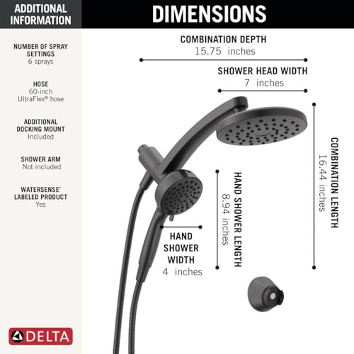 Delta 6-Setting PivotPro 3-in-1 Combination Shower Head with ProClean Spray, Matte Black Round Shower Head Rainfall with Handheld Spray, 1.75 GPM, Matte Black 75649BL - color: Matte Black