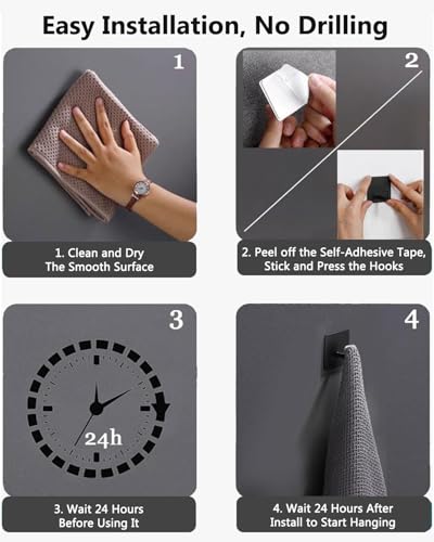 Adhesive Towel Hooks Heavy Duty, Self Adhesive Wall Hooks Waterproof Stainless Steel, No Drilling Sticky Hook for Bathroom Kitchen Bedroom, Towel Hanger for Coat Hat Clothes, 4 Pack