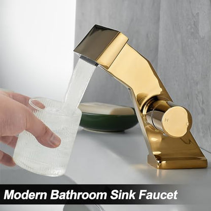 BAKALA Gold Waterfall Bathroom Faucet, Single Hole Brass Sink Faucet for RV and Vanity, Includes 2 Supply Lines - color: Gold