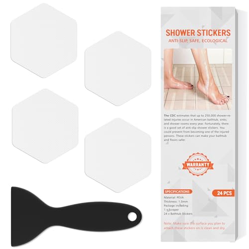 Non Slip Bathtub Stickers,Shower Stickers for Safety Bathroom Tubs,Bathtub Non Slip Stickers and Adhesive Decals Scraper for Bath Tub,Shower Floor,Stairs,Ladders(Squar Shape,Clear) (24,White) - color: White