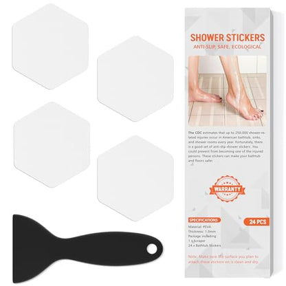 Non Slip Bathtub Stickers,Shower Stickers for Safety Bathroom Tubs,Bathtub Non Slip Stickers and Adhesive Decals Scraper for Bath Tub,Shower Floor,Stairs,Ladders(Squar Shape,Clear) (24,White) - color: White