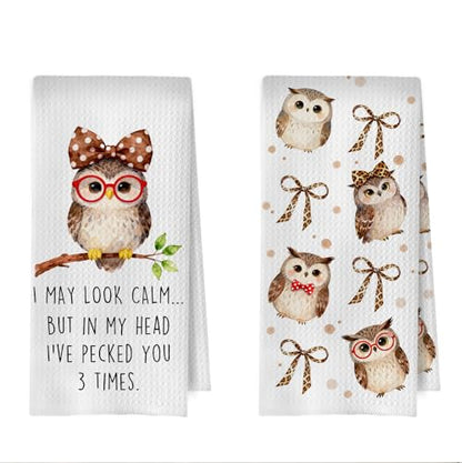 Owl Gifts Kitchen Towels Set - Owl Leopard Bow Decorative Waffle Dish Towels, Funny Bird Gifts Hand Towel, Bird Watching Gift Tea Towel, 16x24 Inch Set of 2 - color: Owl
