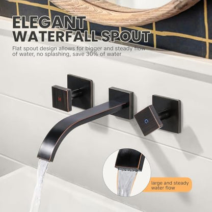 ALEASHA Wall Mount Bathroom Faucet 3 Hole Oil Rubbed Bronze Bathroom Faucet | Waterfall Bathroom Faucet with Two Handles, Brass Bathroom Sink Faucet with Rough-in Valve, Vessel Sink Faucet for Vanity - color: Oil Rubbed Bronze