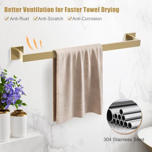 TQKAG Brushed Gold Bathroom Hardware Accessories Set 5 Pieces, Double Post Pivoting Toilet Paper Holder Set Stainless Steel Square Bathroom Towel Bar Holder Set Wall Mounted - color: Brushed Dark Gold, size: 5-Pieces Set