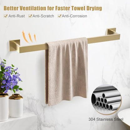 TQKAG Brushed Gold Bathroom Hardware Accessories Set 5 Pieces, Double Post Pivoting Toilet Paper Holder Set Stainless Steel Square Bathroom Towel Bar Holder Set Wall Mounted - color: Brushed Dark Gold, size: 5-Pieces Set