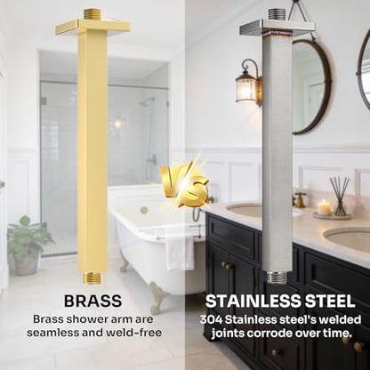 Enga Brass 12 Inch Ceiling Mount Shower Arm and Flange, Square Rain Shower Head Arm, Brushed Gold - color: Brushed Gold, style: 12 Inch
