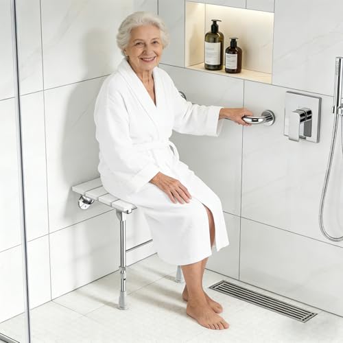 Folding Shower Seat Wall Mounted with Support Legs for Seniors, 350 lbs (White WPC) - color: White Wpc