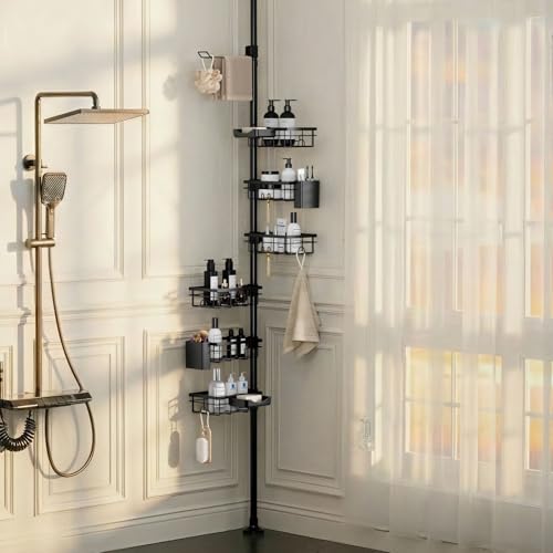 Corner shower storage pole, six-tier bathroom storage rack, height adjustable 30-120 inches, black carbon steel, with toothbrush cup, soap dish, towel storage pole, razor holder, hooks.