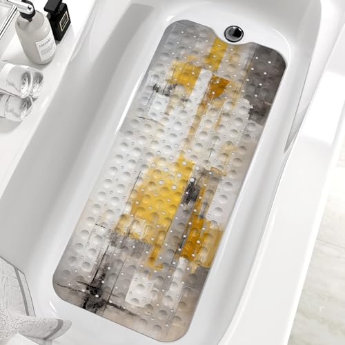 Bath Tub Mat Non Slip, Abstract Non Slip Bath Mat for Shower, Large Washable Shower mats for Showers with Drain Holes and Suction Cups,40 X 16 Inch (Yellow Grey Watercolor) - color: Yellow Grey Watercolor