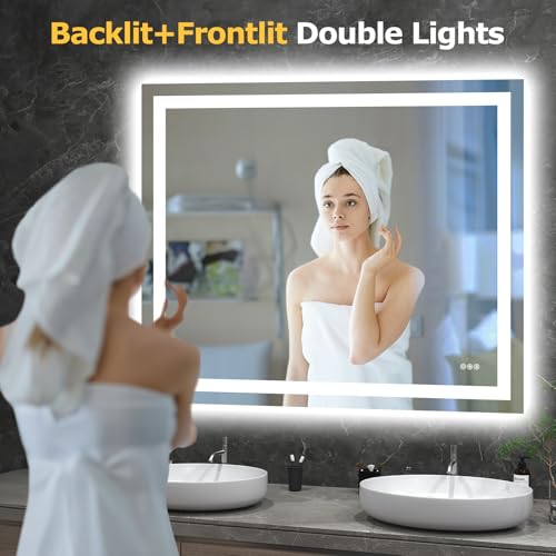 Hivone 48"X40" LED Bathroom Mirror with Lights, Anti-Fog, Dimmable, Backlit + Front Lit, Smart Bathroom Vanity Mirror, Memory Function, Shatterproof, Tempered Glass (Horizontal/Vertical) - size: 48"L x 40"W