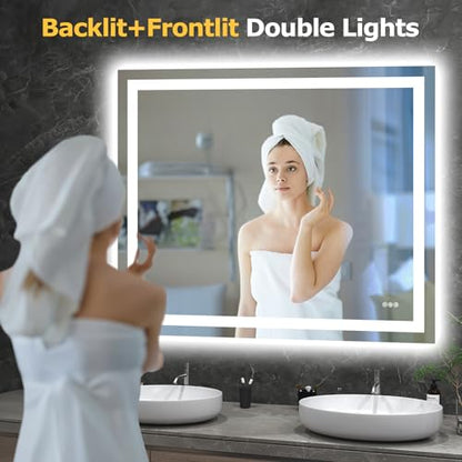 Hivone 48"X40" LED Bathroom Mirror with Lights, Anti-Fog, Dimmable, Backlit + Front Lit, Smart Bathroom Vanity Mirror, Memory Function, Shatterproof, Tempered Glass (Horizontal/Vertical) - size: 48"L x 40"W