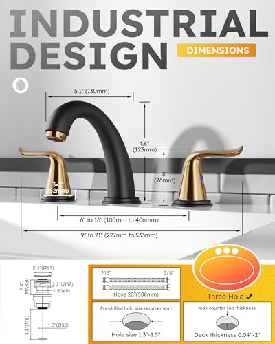 WOWOW Black and Gold Widespread Bathroom Faucet Bathroom Sink Faucet 3 Hole Vanity 2 Handle Basin 8 Inch Mixer Tap with Pop Up Drain and Supply Hose - color: Black and Gold