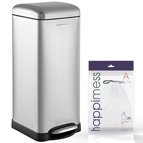 happimess Betty 8 Gal Step Trash Can Soft-Close Lid, Platinum Silver | Fingerprint Resistant, Removable Liner, Semi-Rectangular, Steel Pedal, Iron Powder Coated, 27" Height, Non-Skid Base - color: Chrome