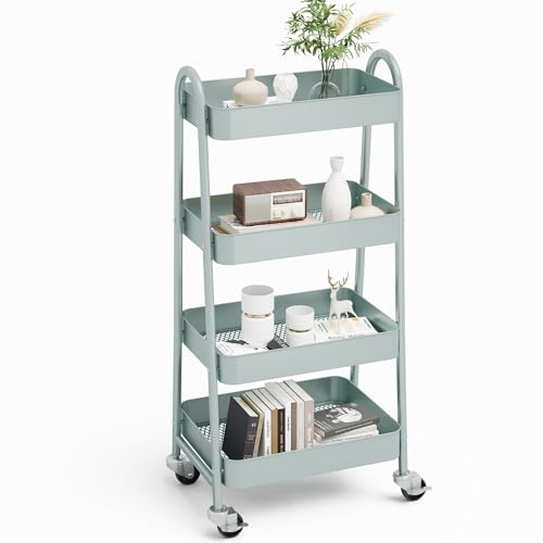 NEWBULIG 4-Tier Metal Rolling Storage Utility Cart with Lockable Wheels | Mobile Organizer Shelf, Space-Saving, Freestanding, Bathroom, Living Room, Slim, Narrow Corner Spaces, Green - color: Green, size: 4-Tiers