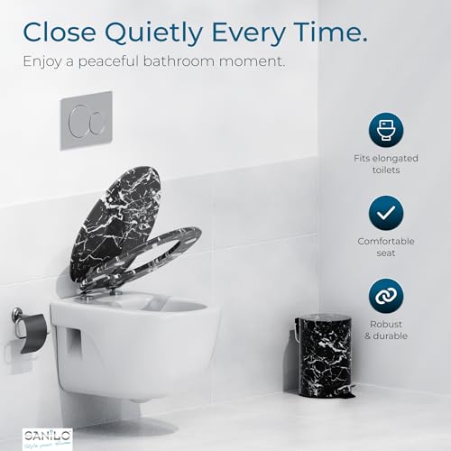 SANILO Wooden Toilet Seat with Soft Close [ELONGATED] - Decorative, Quiet & Slow Close Molded Wood Seat - With Strong Bumpers & Hinges - Adjustable Fit - Marble Black - color: Marble Black