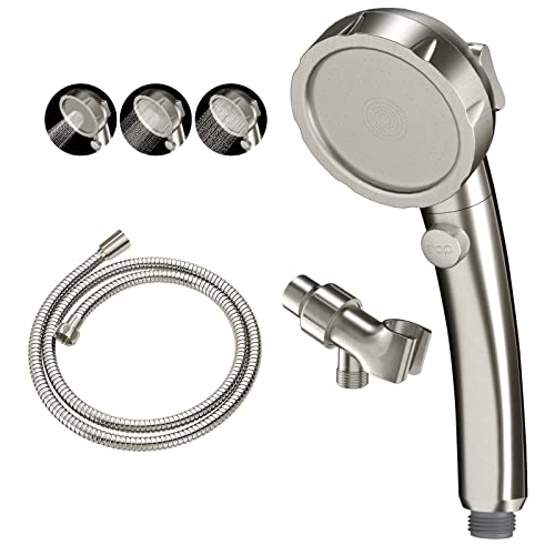 KAIYING Brushed Nickel High Pressure Handheld Shower Head with ON/OFF Switch, 3 Spray Modes, Adjustable Angle Bracket, and Hose | 3 Spray Modes Shower Wand with Shut Off Button, Camper & RV Showerhead with Hose & Angle Adjustable Bracket, Brushed Nickel -