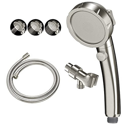 KAIYING Brushed Nickel High Pressure Handheld Shower Head with ON/OFF Switch, 3 Spray Modes, Adjustable Angle Bracket, and Hose | 3 Spray Modes Shower Wand with Shut Off Button, Camper & RV Showerhead with Hose & Angle Adjustable Bracket, Brushed Nickel -