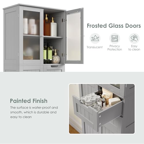 BOTLOG 67'' Tall Bathroom Storage Cabinet with Adjustable Shelf | Frosted Glass Doors, Wood Drawers, Kitchen Pantry Line Cabinet for Kitchen Bathroom, Living Room, Grey - color: Light Grey