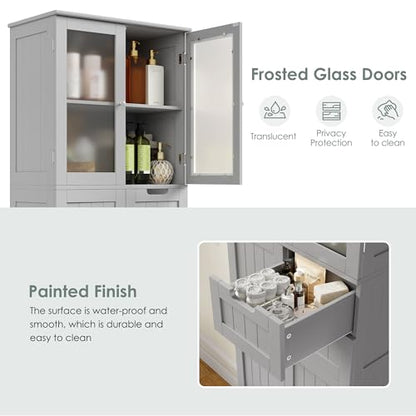 BOTLOG 67'' Tall Bathroom Storage Cabinet with Adjustable Shelf | Frosted Glass Doors, Wood Drawers, Kitchen Pantry Line Cabinet for Kitchen Bathroom, Living Room, Grey - color: Light Grey