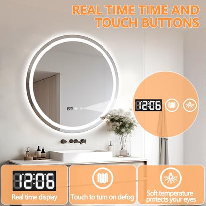 24" Round LED Bathroom Mirror with Anti-Fog & Touch Switch - 60x60cm Wall-Mounted Makeup Vanity Mirror, No Drilling Required, Smart Display Bathroom Mirror - size: 24"L x 24"W