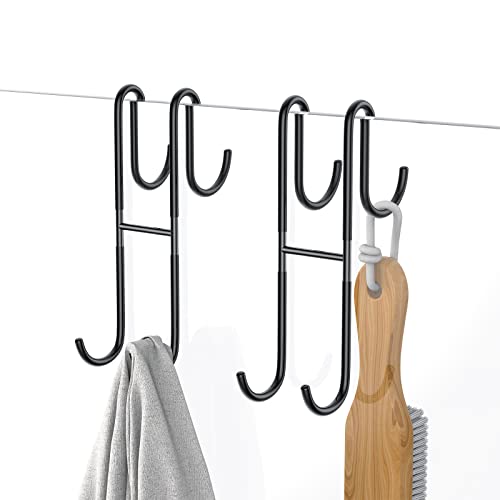 Over Shower Glass Door Hook, 2 Pack Black Stainless Steel Extended Shower Door Hooks, Bathroom Frameless Drilling-Free Hanger, Double Side Towel Hooks - color: Black