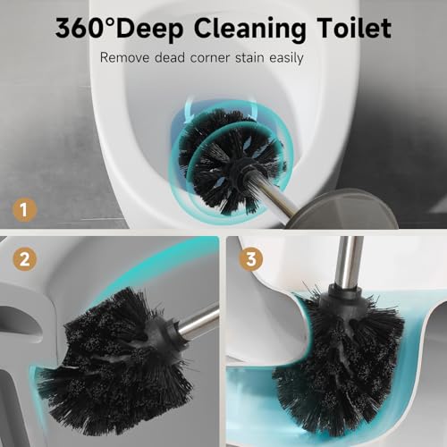 Pewter Toilet Brush and Holder，Extra Long Handled Toilet Brush for Bathroom，Stainless Steel Heavy Duty Toilet Bowl Brush,Deep Cleaning Modern Toilet Cleaner Brush -Space Saving, Covered Brush - color: Pewter