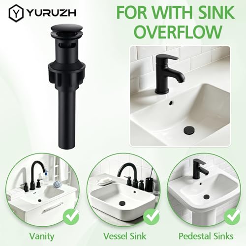 Bathroom Sink Drain with Overflow,Matte Black Bathroom Sink Stopper | for Bathroom Vanity Vessel Sink, Rapid Draining Plastic Pop-up Sink Drain Anti-Clog Strainer,with Silicone Hair Catcher - color: Bathroom Sink Drain-matte Black