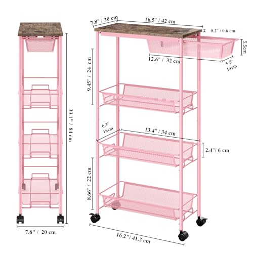 KINGRACK 4-Tier Slim Storage Cart, Metal Rolling Cart, Organizer with Wooden Tabletop and Drawer Basket, Mobile Shelving Unit for Kitchen, Bathroom, Laundry Room, Pink - color: Pink