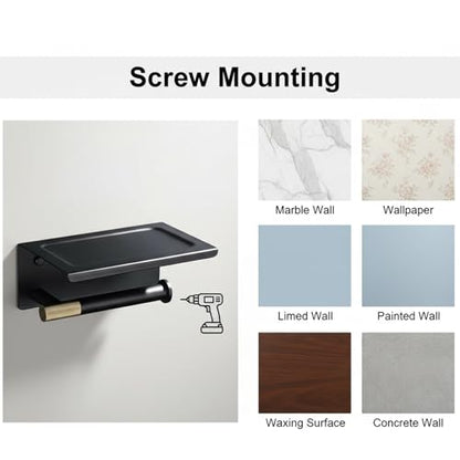 Toilet Paper Holder with Shelf, Stainless Steel PVD Black with Gold Accents | Wall Mount Toilet Tissue Roll Holder with Phone Shelf for Bathroom Storage, Solid Brass Roll Bar with Knurled Texture Detail - color: Dual Tone Black & Gold