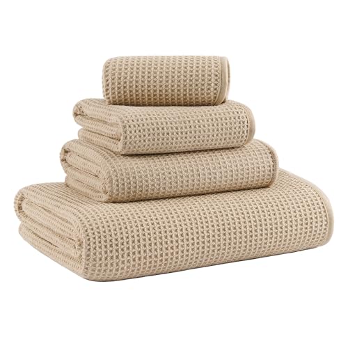 MICROFI Waffle Weave Bath Towel Set, Microfiber, 4 Pieces (Body/Hair/Hand/Face), Quick Dry, Lightweight, Super Absorbent, Lint Free, 380 GSM (Beige) - color: Beige