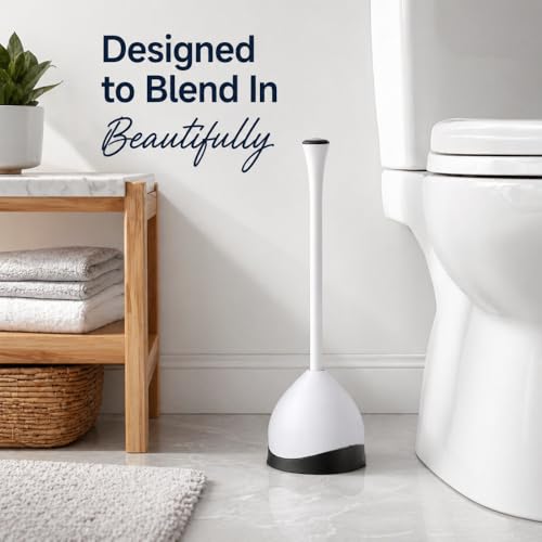 Toilet Plunger with Caddy, Heavy Duty Suction Cup, 19.5 Inch, Compact Holder for Bathroom Cleaning, White