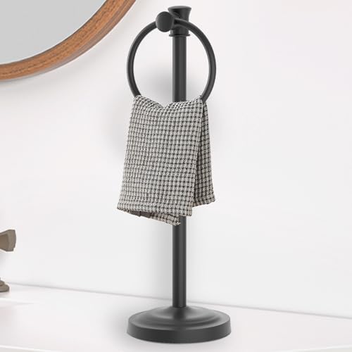 Hoimpro Hand Towel Holder Free Standing Towel Bar Matte Black | Hanging Floor Hand Towel Rack Ring, for Bathroom Kitchen Vanity Countertops, Hardware Accessories SUS 304 Heavy-Duty Base - color: Black