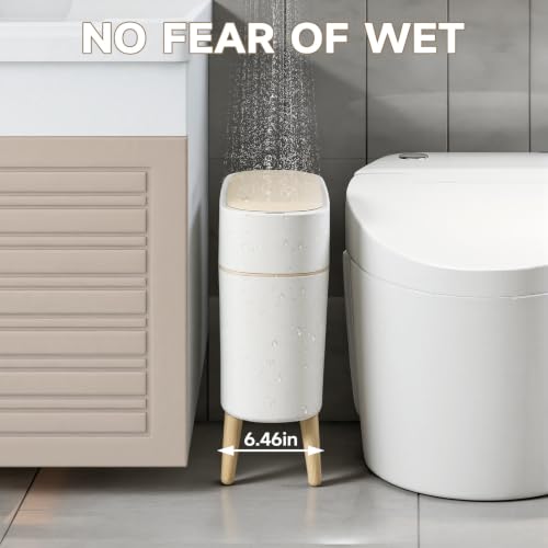 Motion Sensor Bathroom Trash Can with Lid，Slim Automatic Wastebasket | Narrow, Plastic, Auto,Convenient and Hygienic Easy to Use，2.6 gallon Small Garbage Can for Bedroom,Office, Living Room(White) - color: White