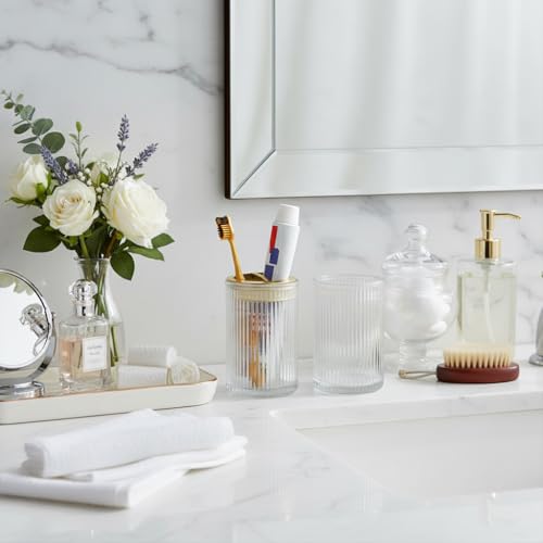 Toothbrush Holders for Bathrooms, 2pcs Clear Glass Toothbrush Holder, Bathroom Toothbrush Cup and Toothpaste Holder with Gold Divider, Tooth Brush and Toothpaste Organizer for Countertop - color: Clear Gold