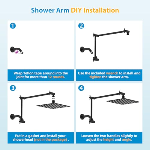 All-Metal 20" Shower Head Extension Arm, G1/2" Universal/Adjustable, Black | Flexible Brass Shower Extender Height/Angle Adjustable for Tall People, Stainless Steel Shower Pipe Extended with Lock Joint - color: Matte Black, size: 20 Inch