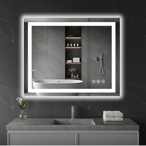 Koonmi 36x30 LED Bathroom Mirror, Shatterproof Mirror with Light | 90CRI Vanity Mirror with Anti-fog Backlit + Front Lit, 3 Color, Easy Install for Bathroom Hotel (IP65) - size: 30"L x 36"W