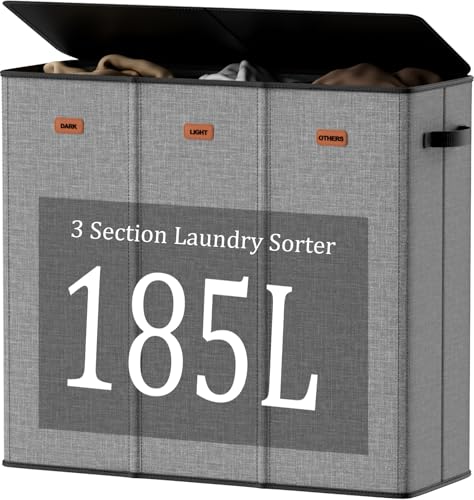185L Laundry Hamper 3 Section with Lid, Grey Hamper 3 Compartment with 3 Removable Laundry Bags, Large Laundry Basket for Bedroom, Laundry Room, Dorm - color: Grey