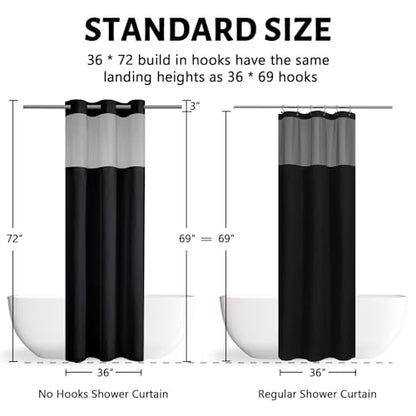 Furlinic No Hook Waffle Weave Shower Curtain with Snap in Liner Set,Heavy Duty Fabric Textured Bathroom Curtain with Sheer Window,Waterproof & Machine Washable,Black,Stall Size 36x72 Inch - color: Black, size: 36"W x 72"L (Pack of 1)