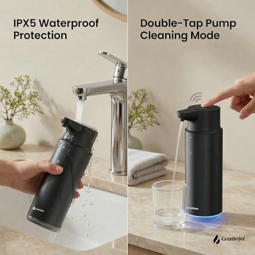 GentleJet CrystalJet Automatic Liquid Soap Dispenser Touchless Sensor, Stainless Steel, USB-C Rechargeable, Waterproof Kitchen & Bathroom Countertop Soap Dispenser, 300 ml - color: Black