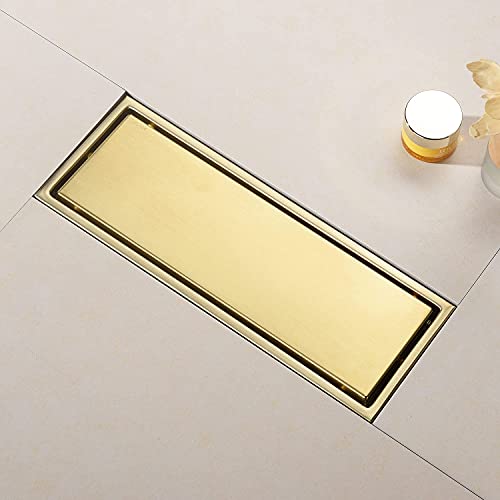 Linear Shower Drain Pipe 12 Inches Brushed Gold, with Tile Insert Grille, Detachable Hidden Cover, SUS304 Stainless Steel Rectangular Floor Drain - color: Brushed Gold