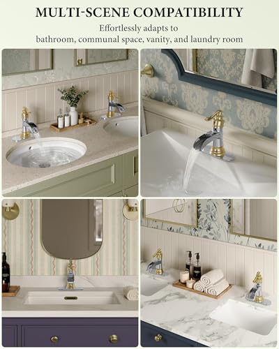 Bathroom Faucet Waterfall Sink Faucets Bathroom Widespread Single Handle | Chrome and Gold for 1 or 3 Holes Rustic Vanity Farmhouse with Pop-up Drain Deck Plate Hose by Homevacious - color: Chrome & Gold