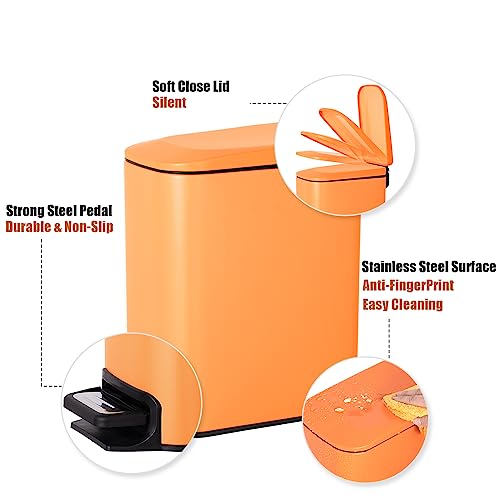 Cesun Small Bathroom Trash Can with Lid, 1.6 Gal, Soft Close, Matte Orange | Step pedal soft close, Slim 5.9in fits narrow spaces, Stainless steel, Anti-fingerprint, Removable inner bucket, Odor seal - color: Matt Orange