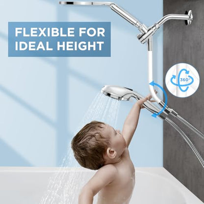 MakeFit Dual Handheld Shower Head Combo, 2-in-1 Rain Shower Heads System 8 Inch Rainfall Shower Head and 10 Modes High Pressure Hand Held Showerhead with Built-in Power Wash - color: Chrome, size: 8 Inch Standard