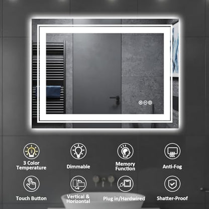 Snowdool 28 x 20 in LED Bathroom Mirror, Front and Backlit, Anti-Fog | Front and Backlit, Stepless Dimming, Anti-Fog, Memory Function - size: 28"L x 20"W