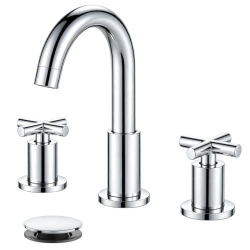 gotonovo 3 Hole Bathroom Faucet 8 inch Widespread Sink Vanity Faucet for Bathroom Sink 2 Cross Handle Deck Mount Basin with Pop Up Drain 360° Swivel Spout Polished Chrome - color: Polished Chrome
