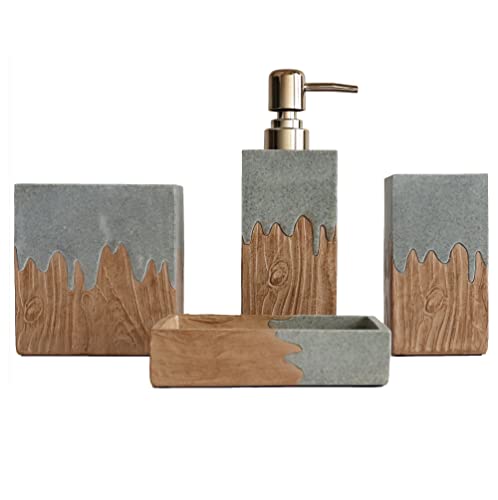 Hymmah Bathroom Accessories Set,Wooden Design Toothbrush Holder,Farmhouse Bathroom Decor,4 Pcs Resin Gift Set Apartment Necessities, Contain Toothbrush Cup,Soap Dispenser,Soap Dish,Tumbler - color: Wooden Design Grey