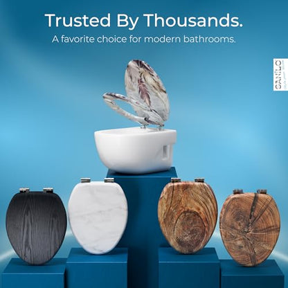 SANILO Wooden Toilet Seat with Soft Close [ELONGATED] - Decorative, Quiet & Slow Close Molded Wood Seat - With Strong Bumpers & Hinges - Adjustable Fit - Feathers - color: Feathers