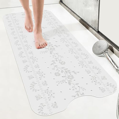 SHUCHING White Bath Mat for Tub Non Slip-40x16 Inch, Flower | Bathtub Mat for Women & Elderly Mold Free, Long Shower Mat for Inside Shower with Suction Cup, Machine Washable - color: White